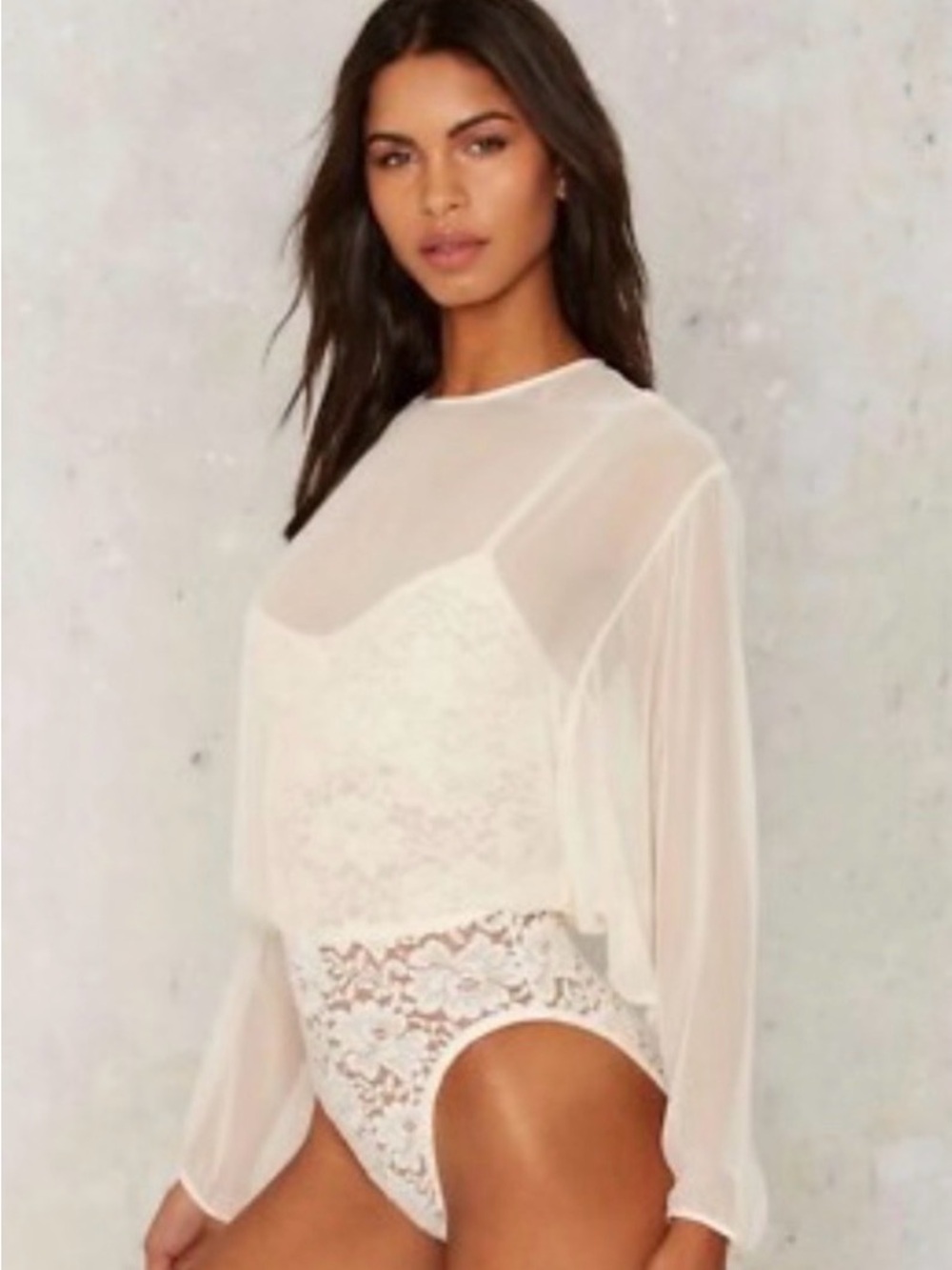 intimissimi Sheer Ivory Lace Long-Sleeve Bodysuit Top